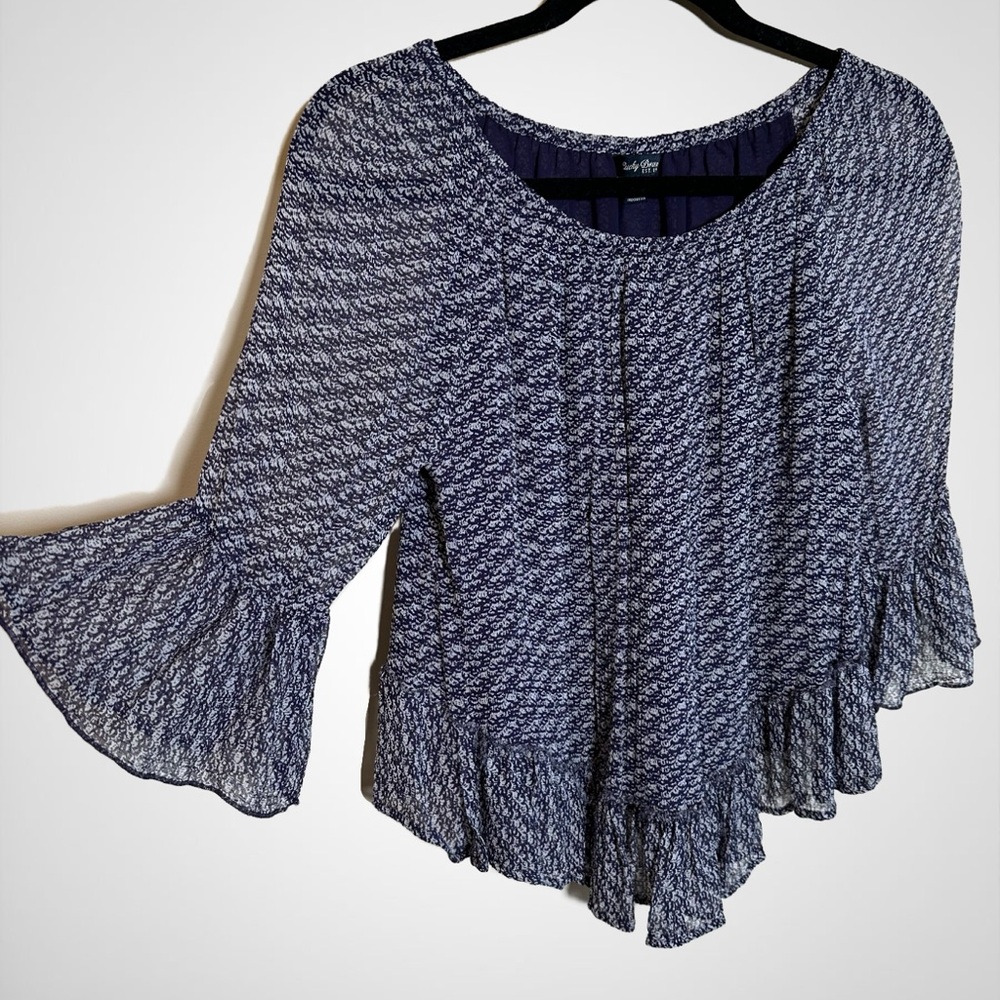 Lucky Brand Purple Print Blouse with Ruffle Hem